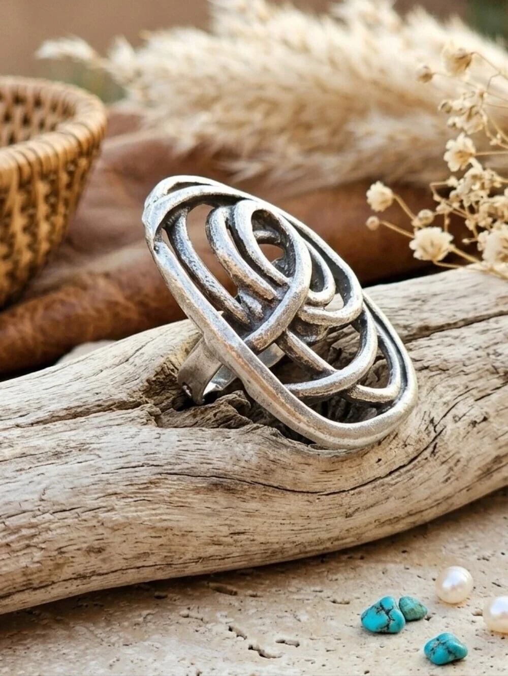 Turkish Zamak Rose Ring Large Statement Adjustable Boho Western Antiqued Silver